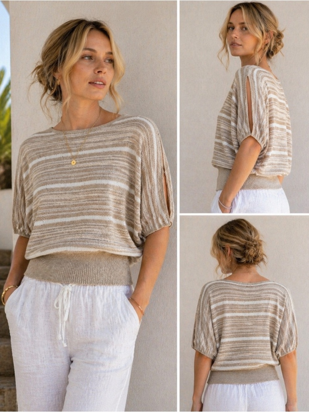 Diane von Furstenberg Dolman Knit Top Beige Stripe Split Sleeve M